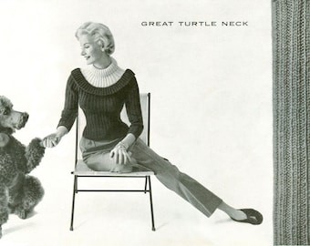 May include: A woman wearing a black turtleneck sweater with a wide collar sits on a chair with a poodle. The text "GREAT TURTLE NECK" is printed above the woman.
