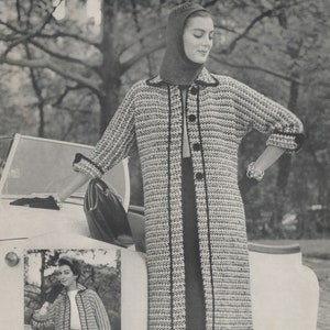 May include: A black and white tweed coat with a black trim and a black button closure. The coat is worn by a woman with a black hat. The woman is standing next to a white car.
