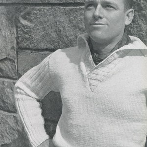 KNITTING PATTERN Men's 1950s V Shawl Collar Sweater Vintage Pattern Instant Download PDF 74-0124-15
