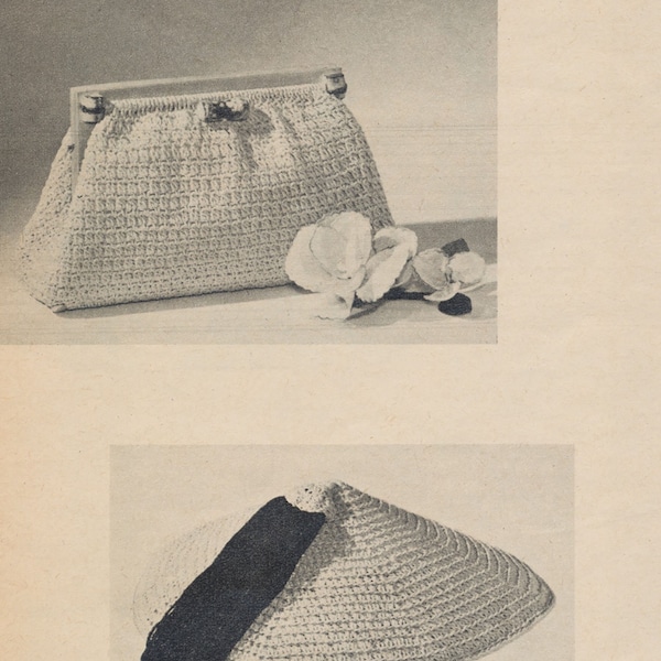 Vintage 50s Coolie Hat and Bamboo Bag Set CROCHET PATTERN Instant Download PDF 48-0021-30