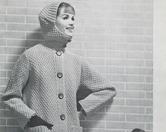 KNITTING PATTERN Vintage Bulky Hooded Sweater Coat 08-0203-02 Instant Download PDF