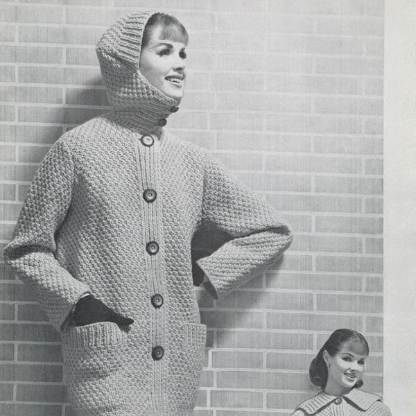 KNITTING PATTERN Vintage Bulky Hooded Sweater Coat 08-0203-02 Instant Download PDF
