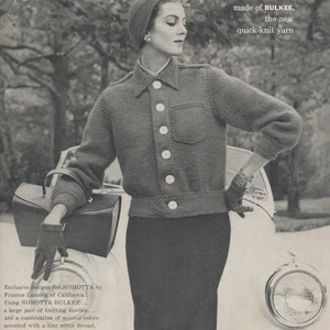 May include: A black and white photo of a woman wearing a dark gray knitted jacket with buttons and a matching hat. The jacket is made of Bulkee yarn. The text "Casual Coats made of BULKEE, the new quick-knit yarn" is visible in the image.  The text "Volume 124 Price 25 cents" is also visible in the image.