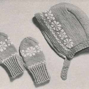 KNITTING PATTERN Vintage Winter Baby Bonnet and Mittens Set 61-0002-08 Instant Download PDF