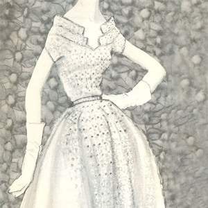 May include: A black and white illustration of a woman wearing a fitted, sleeveless dress with a V-neckline and a full skirt. The dress has a textured pattern and the woman is wearing white gloves.