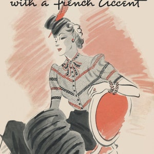 May include: A black and white illustration of a woman wearing a crocheted blouse with a red bow and a hat with a red feather. The text "Crocheted Blouses with a French Accent" is at the top of the image. The text "Best Six Cord" is at the bottom of the image.