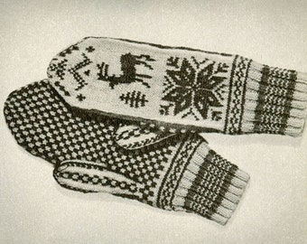 KNITTING PATTERN Vintage Fair Isle Ski Mittens Snowflake Deer
