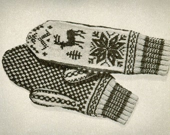 KNITTING PATTERN Vintage Fair Isle Ski Mittens Snowflake Deer Men's 93-0008-29 Instant Download PDF