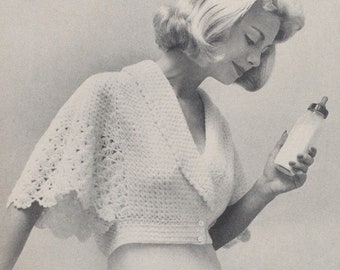 CROCHET PATTERN Vintage 50s Bed Jacket Shortie Jacket Lacy Cape Sleeves 45-0043-45 Instant Download PDF