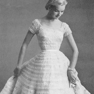 CROCHET PATTERN Vintage 50s Nomotta Fairy Tale Cinderella Silk Organdy Ribbon Hairpin Lace Wedding Dress 02-0121-04 Instant Download PDF