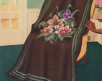 CROCHET PATTERN Tunisian Cross Stitch Embroidered Tapestry Floral Bouquet Heirloom Afghan Instant Download PDF 23-0058-07