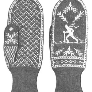 May include: A pair of gray knitted mittens with white snowflake and skier designs. The mittens have a ribbed cuff.