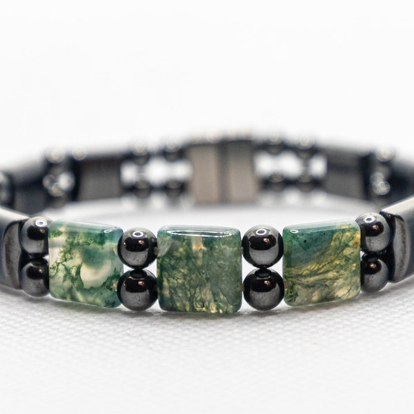 Double Strand Magnetic Hematite Bracelet w/ Green Moss Agate (triple strength) Gemini