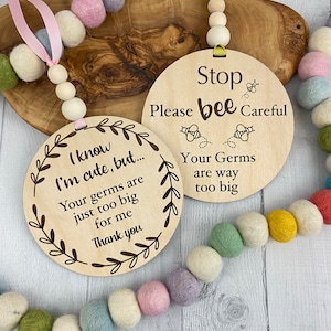 Small Round Stroller Sign, Baby Sign, Bee Careful, Germs Too Big, Warning Sign, Baby Gift, Car Carrier, Baby, Accessory, Baby Shower