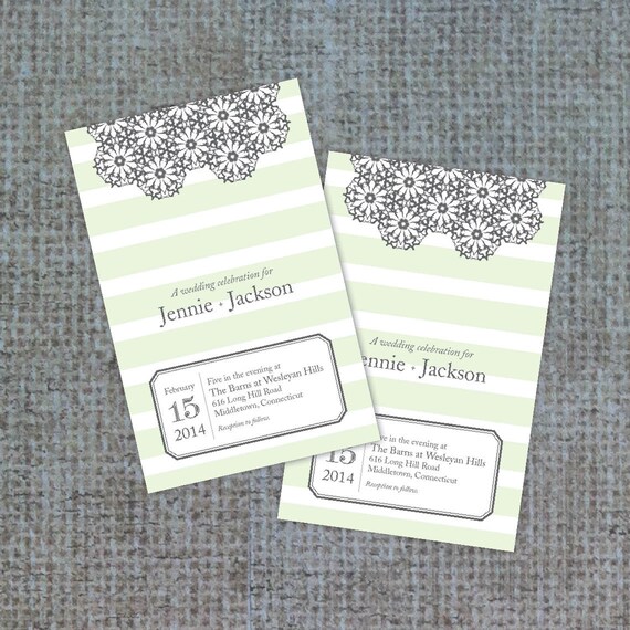 Striped Gray And Green Wedding Invitation Modern Wedding Etsy