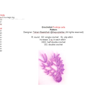 May include: Crocheted Purkinje cells pattern, a pink crocheted design resembling a brain cell. The pattern includes instructions for crocheting the cell body and dendrites. Designer: Tahani Baakdhah @thepurplelilac (All rights reserved).