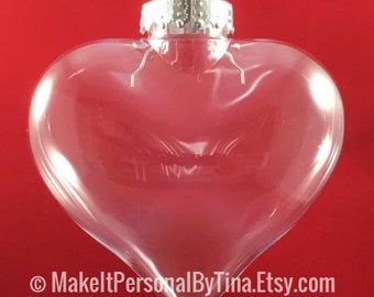 Qty of 5  - 100mm Clear Plastic Heart Shaped Christmas Ornaments