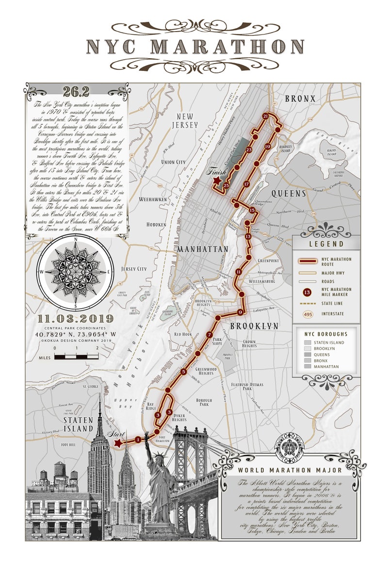2019 NYC Marathon 12x18 Black & White Course Map Etsy
