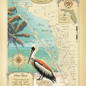 May include: A vintage-style map of Siesta Key, Florida, with a brown pelican perched on a rock. The map shows the location of Siesta Beach, which is labeled as "Voted #1 beach in the country in 2011".