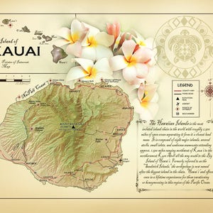 The Island of Kauai  "Vintage Inspired" Plumeria Map