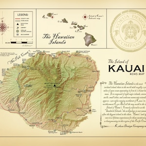 The Island of Kauai  &quot;Vintage Inspired&quot; 11 x 14 Road map