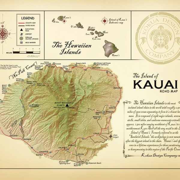 The Island of Kauai  "Vintage Inspired" 11 x 14 Road map