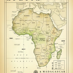 AFRICA & Madagascar  11 x 14 "Vintage Inspired" Country Boundaries Map