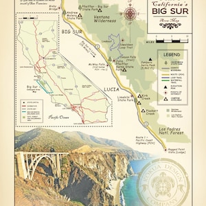 California&#39;s Big Sur &quot;Vintage Inspired&quot; 11&quot;x14&quot; Points of Interest map