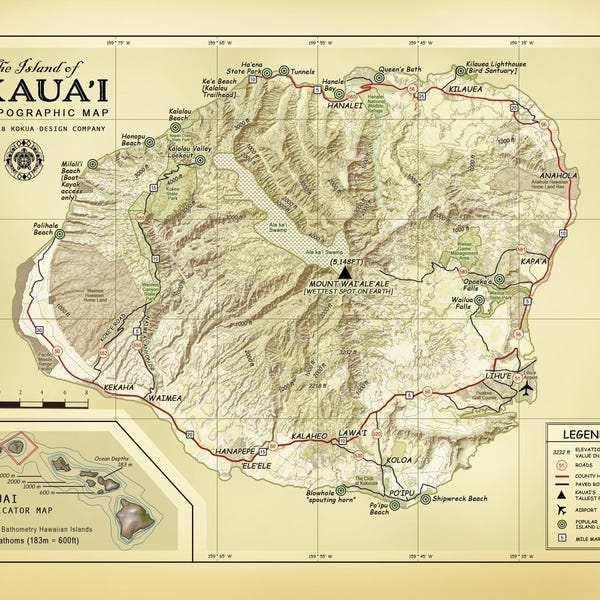 Map of Kauai Vintage Style Wall Art