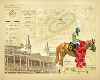 The Kentucky Derby "Vintage Inspired" 11" x 14" Wall Art Map Print