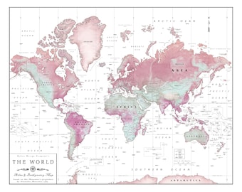 The World 11 x 14 "Pink Hues" Country Boundaries Map