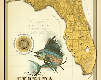 Florida Sail Fish Vintage Map Print