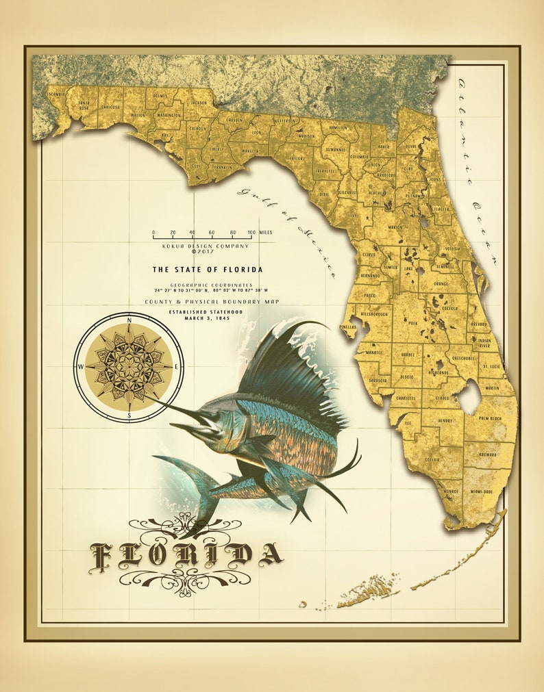 Florida Sail Fish Vintage Map Print - Etsy