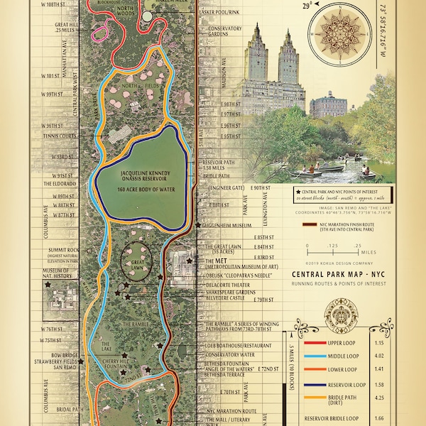 NYC Central Park "San Remo & The Lake" vintage inspired 12"x18" running route map