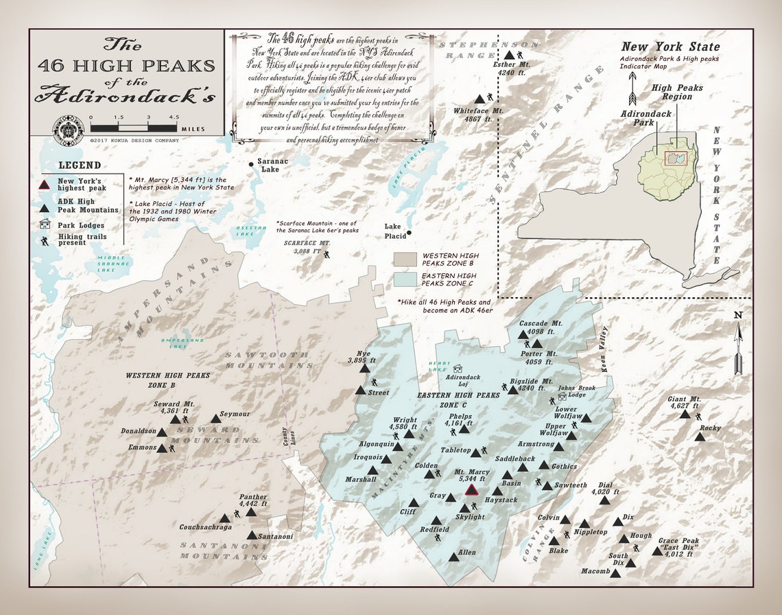 Adirondack 46er High Peaks 11 X 14 atlas Inspired Area Map - Etsy