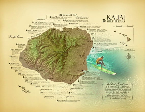 Kauai Surf Spots Map Kauai Surf Break Map 11 X 14 Vintage Inspired Hawaiian Art | Etsy Uk