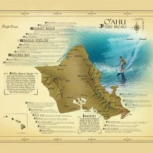 Oahu Surf Break Map 11"x14" vintage inspired Hawaiian art