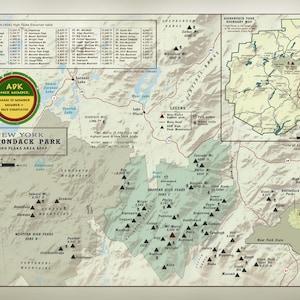 May include: A map of the Adirondack Park in New York State, highlighting the 46 High Peaks area. The map shows the location of the peaks, trails, and other points of interest. The map is in a vintage style with a brown and green color scheme.