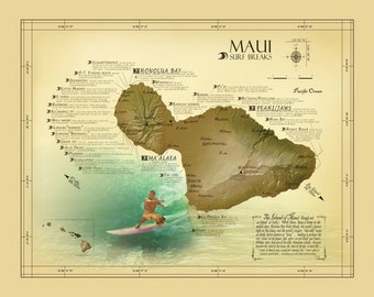 Maui Surf Break Map - vintage inspired 11 x 14 Hawaiian art print