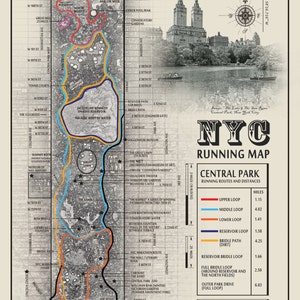 Skyline Edition NYC Marathon & Central park vintage inspired 11 x 14 running map
