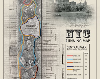 11 x 14 NYC Central Park "The San Remo & The Lake" black and white running route map