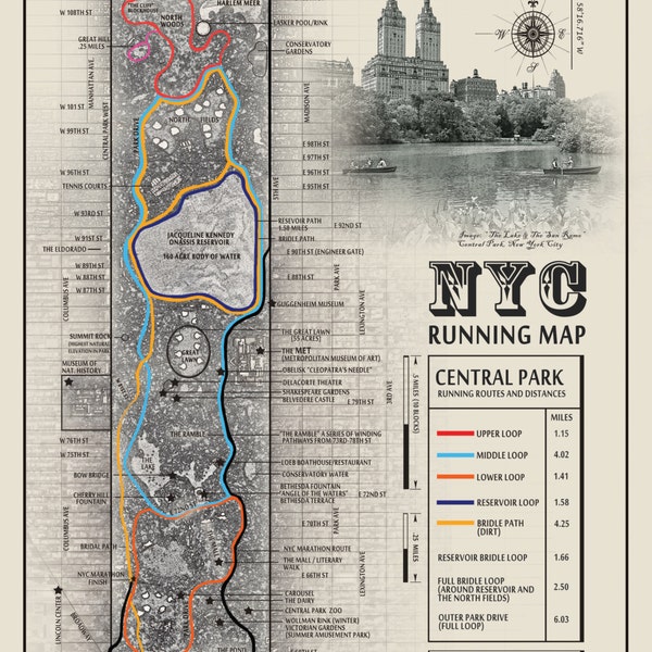 11 x 14 NYC Central Park "The San Remo & The Lake" black and white running route map