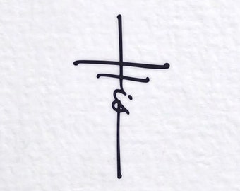 May include: A simple black cross with the word "faith" written vertically in cursive.