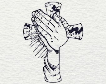 Cruz de manos en oración SVG, diseño de tatuaje conmemorativo religioso (descarga digital)