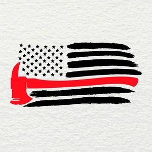 May include: A black and white American flag with a red line across the middle, representing a firefighter's axe. The flag is distressed and has a grunge effect.