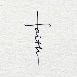 May include: A simple black and white image of a cross with the word "faith" written vertically down the center of the cross.