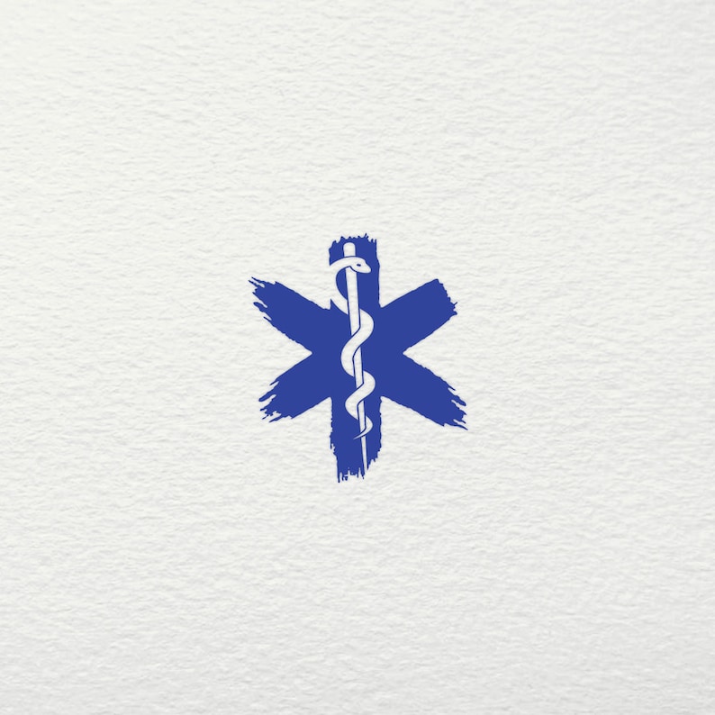 Op de afbeelding: Een blauw medisch ster van het leven symbool met een witte caduceus, een slang die om een staf is gewikkeld, in het midden.