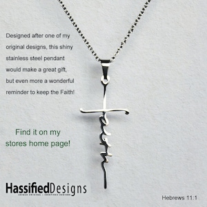 May include: A silver necklace with a pendant featuring the word "Faith" written in cursive on a cross. The text "Hebrews 11:1" is visible at the bottom of the image.