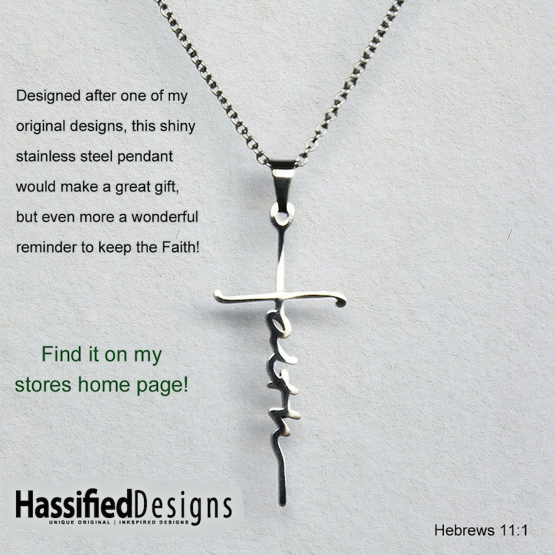 May include: A silver necklace with a pendant featuring the word "Faith" written in cursive on a cross. The text "Hebrews 11:1" is visible at the bottom of the image.