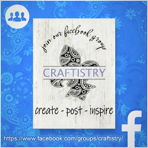 May include: A white sign with a black and white paisley fleur-de-lis design. The sign says "Join our facebook group CRAFTISTRY create - post - inspire" and includes a link to the group on Facebook.